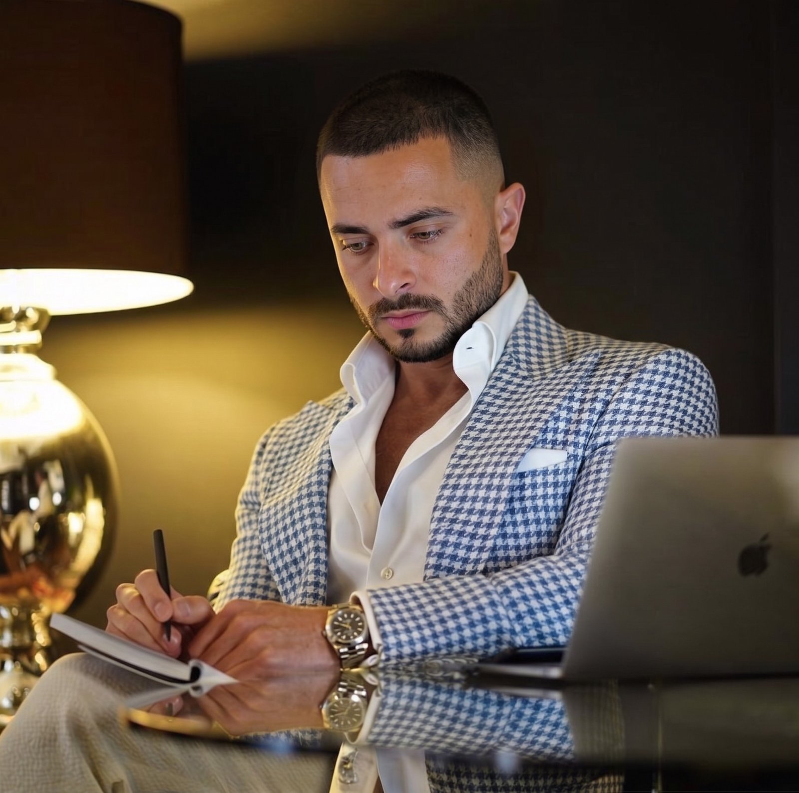 Weverton in a houndstooth jacket, writing in a notebook beside his laptop
